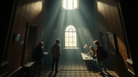 A captivating high-angle shot depicts a group of teenagers immersed in solving mysteries within a spooky haunted mansion.  So