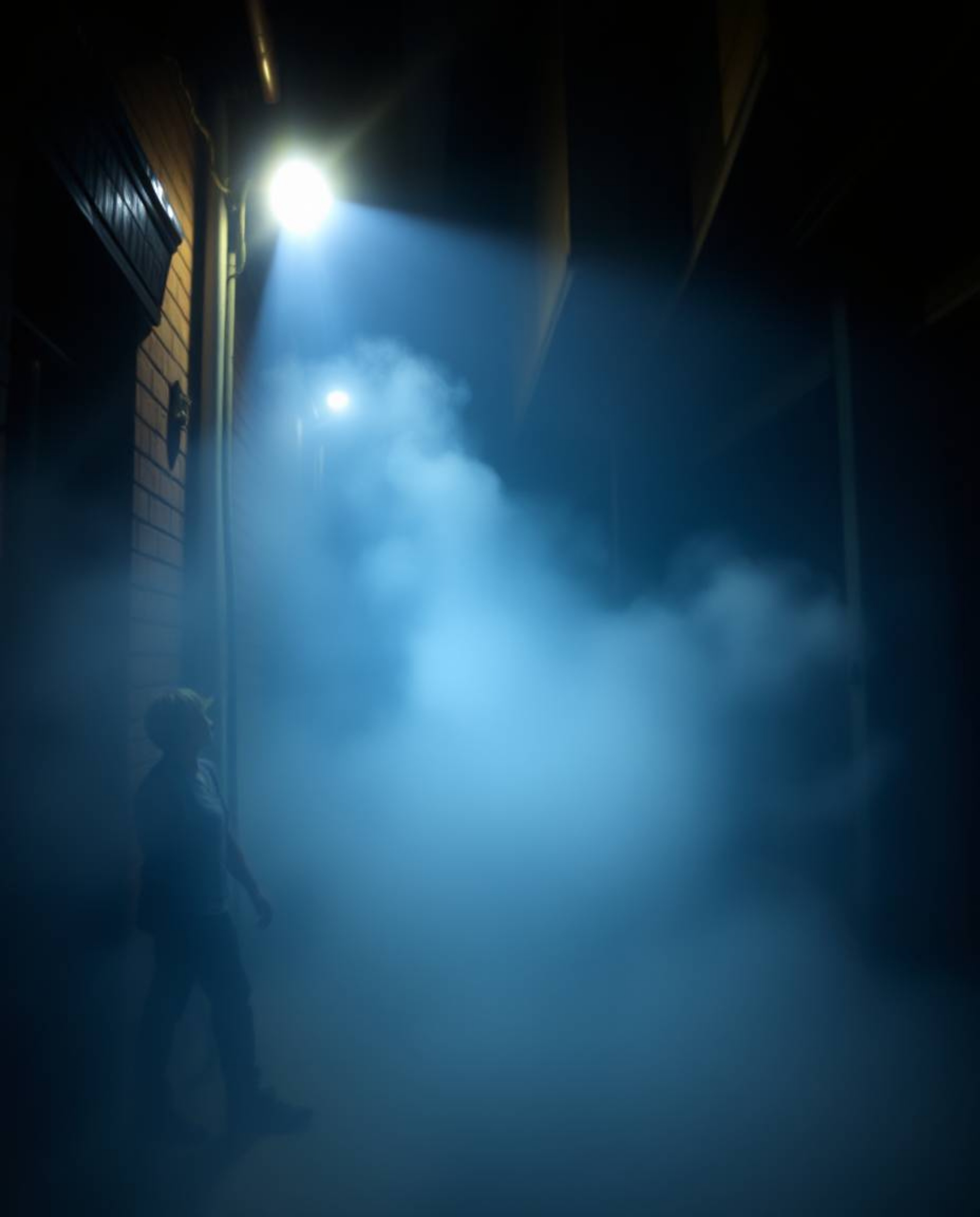 Step into a mystical night alley scene filled with an ethereal spiritual vibe.  Eyes watch from the shadows, illuminated by a