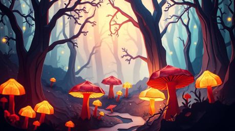 Discover a breathtaking origami illustration of a vintage-style enchanted forest.  Glowing mushrooms illuminate the scene, en