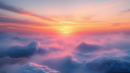 A mesmerizing digital painting depicts a breathtaking sunset over icy polar glaciers. The artwork evokes an ethereal and drea