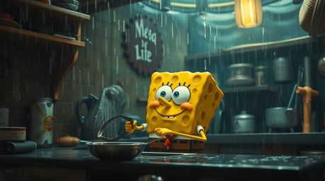 A fine art photograph showcasing a sponge character diligently cooking in an underwater kitchen during a wet, rainy day. The 