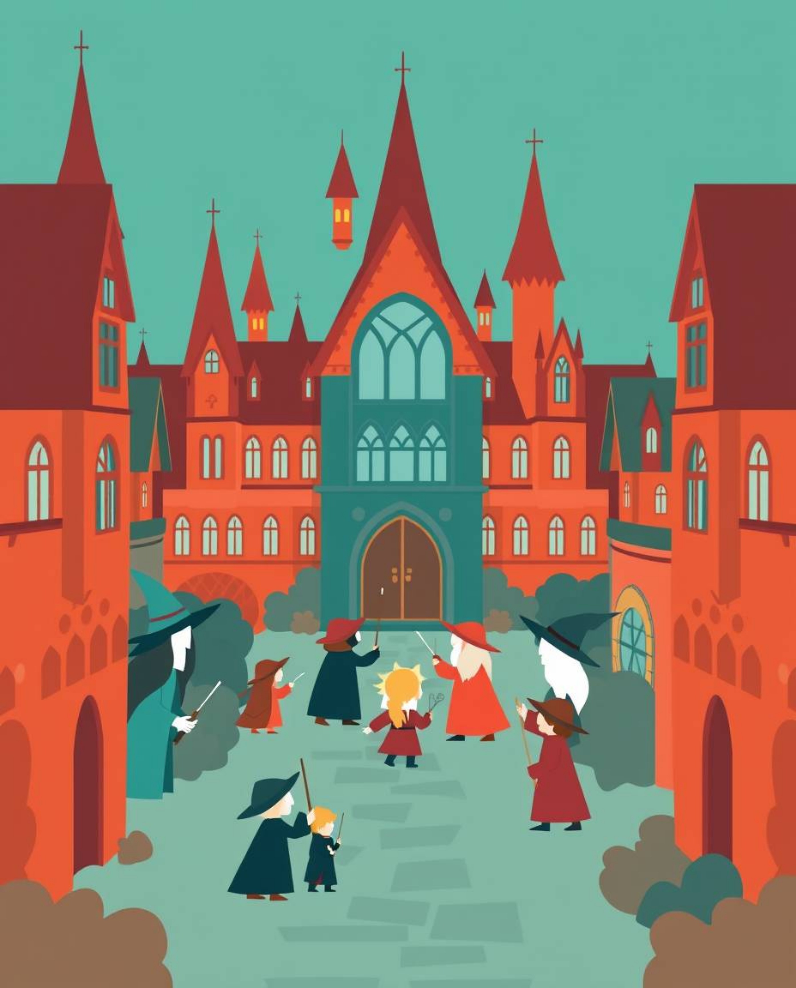 Explore a modern flat design illustration of a magical school teeming with young wizards. The warm terracotta hues beautifull