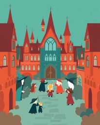 Explore a modern flat design illustration of a magical school teeming with young wizards. The warm terracotta hues beautifull
