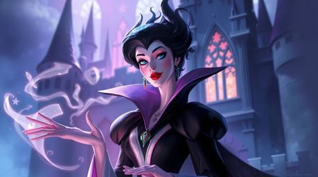 A captivating digital painting depicts a graceful Disney villain casting a spell within a mystical castle. The artwork featu