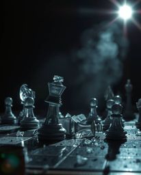 A captivating image showcasing a chessboard caught in a moment of frozen destruction, with pieces suspended mid-air.  The sce