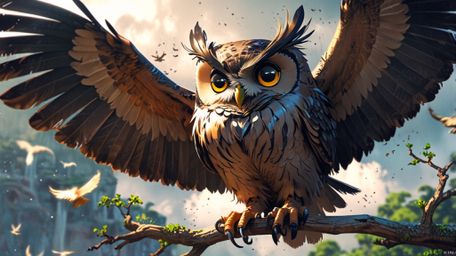 In a heartwarming and beautifully rendered scene that blends the styles of Pixar and anime, a wise blind owl is depicted sitt