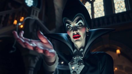 A captivating fine art photograph depicting a classic Disney villain with refined features, casting a spell within a dimly li