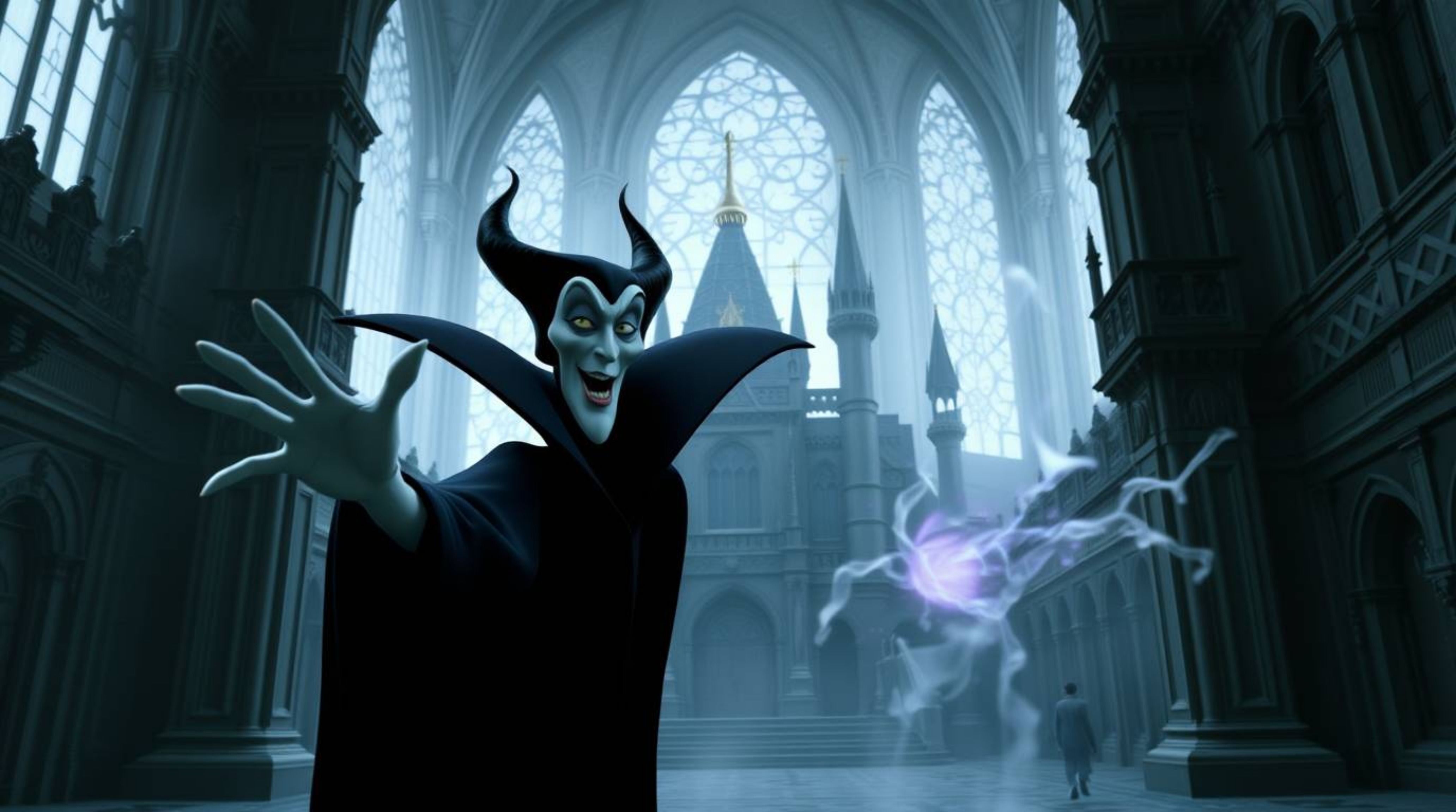 A captivating image depicts a classic Disney villain casting a spell within a grand, gothic castle. The photograph showcases