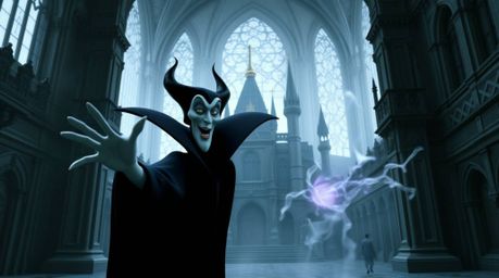 A captivating image depicts a classic Disney villain casting a spell within a grand, gothic castle.  The photograph showcases