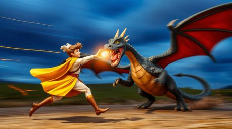 Witness a dynamic motion long exposure photograph depicting a charming prince locked in combat with a fearsome dragon, render