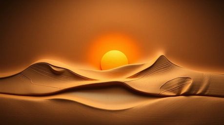 This sculptural clay artwork captures a moody desert sunset, portraying golden dunes at the desert's edge with low contrast a