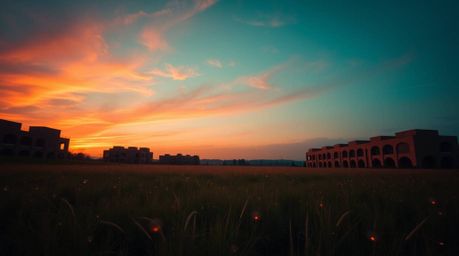 Capture the serene beauty of a sunset over a tranquil meadow, where fireflies begin their nightly dance, all within a precise