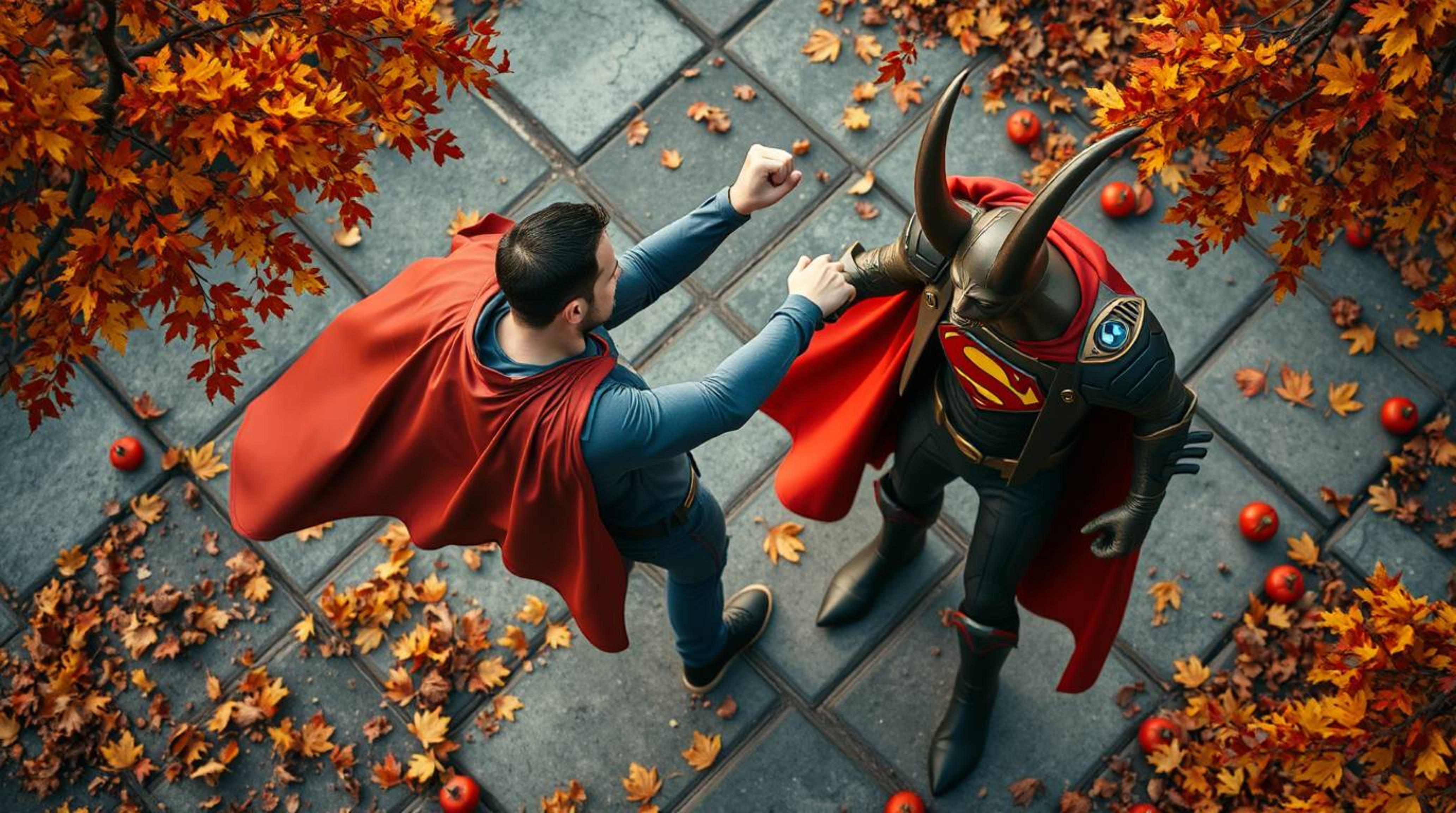 Witness an epic, yet lighthearted, battle between a caped superhero and a comical villain. This high-angle shot captures the 
