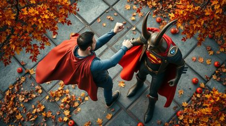 Witness an epic, yet lighthearted, battle between a caped superhero and a comical villain. This high-angle shot captures the 