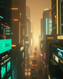 A professional fine art photograph depicting a futuristic city rendered in a glitch effect. The image showcases flickering li
