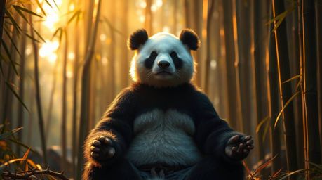 Imagine a scene where a magnificent panda, a skilled martial artist, finds serenity in meditation amidst a lush bamboo forest