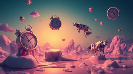 Explore a surreal dreamscape brought to life with melting clocks and floating cows, rendered with smooth gradient color trans
