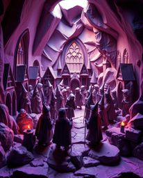 This sculptural clay artwork depicts a magical school bustling with young wizards, bathed in gentle, soft light and deep ultr