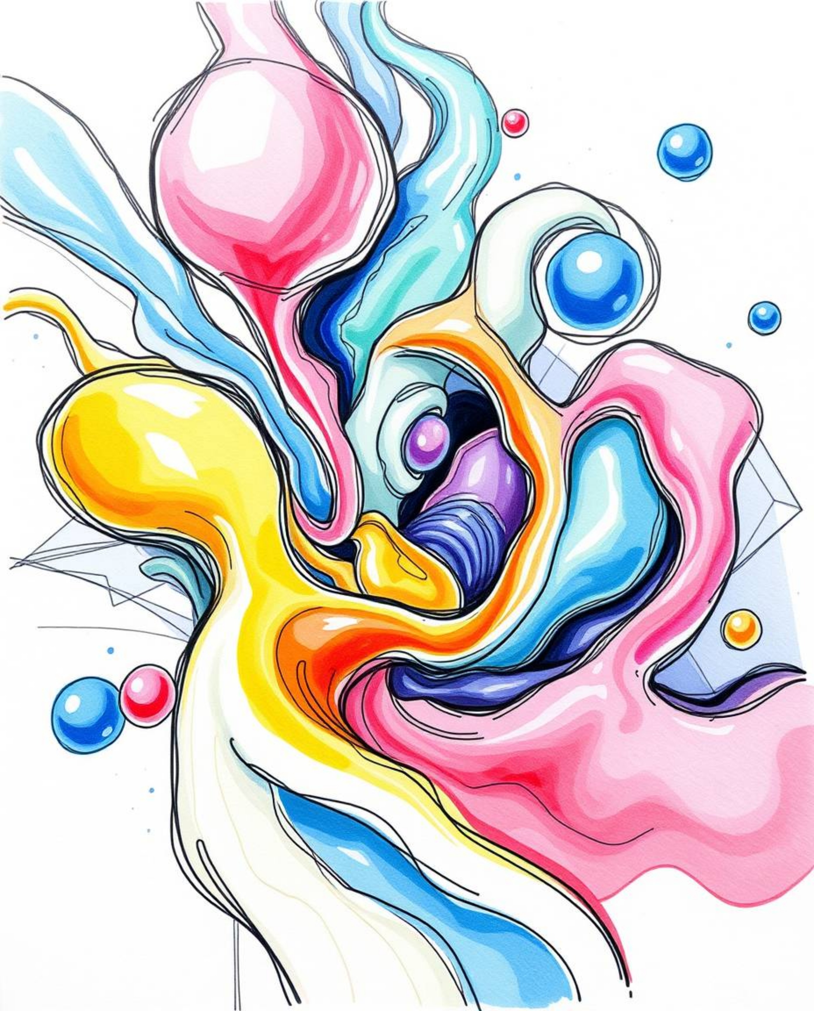 Explore a mesmerizing hand-drawn sketch featuring an extreme macro close-up of vibrant, colorful 3D fluid shapes playfully in