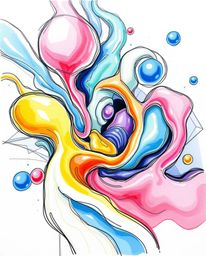 Explore a mesmerizing hand-drawn sketch featuring an extreme macro close-up of vibrant, colorful 3D fluid shapes playfully in