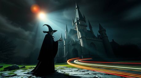 A captivating long exposure photograph depicts a classic Disney villain casting a spell within the atmospheric confines of an