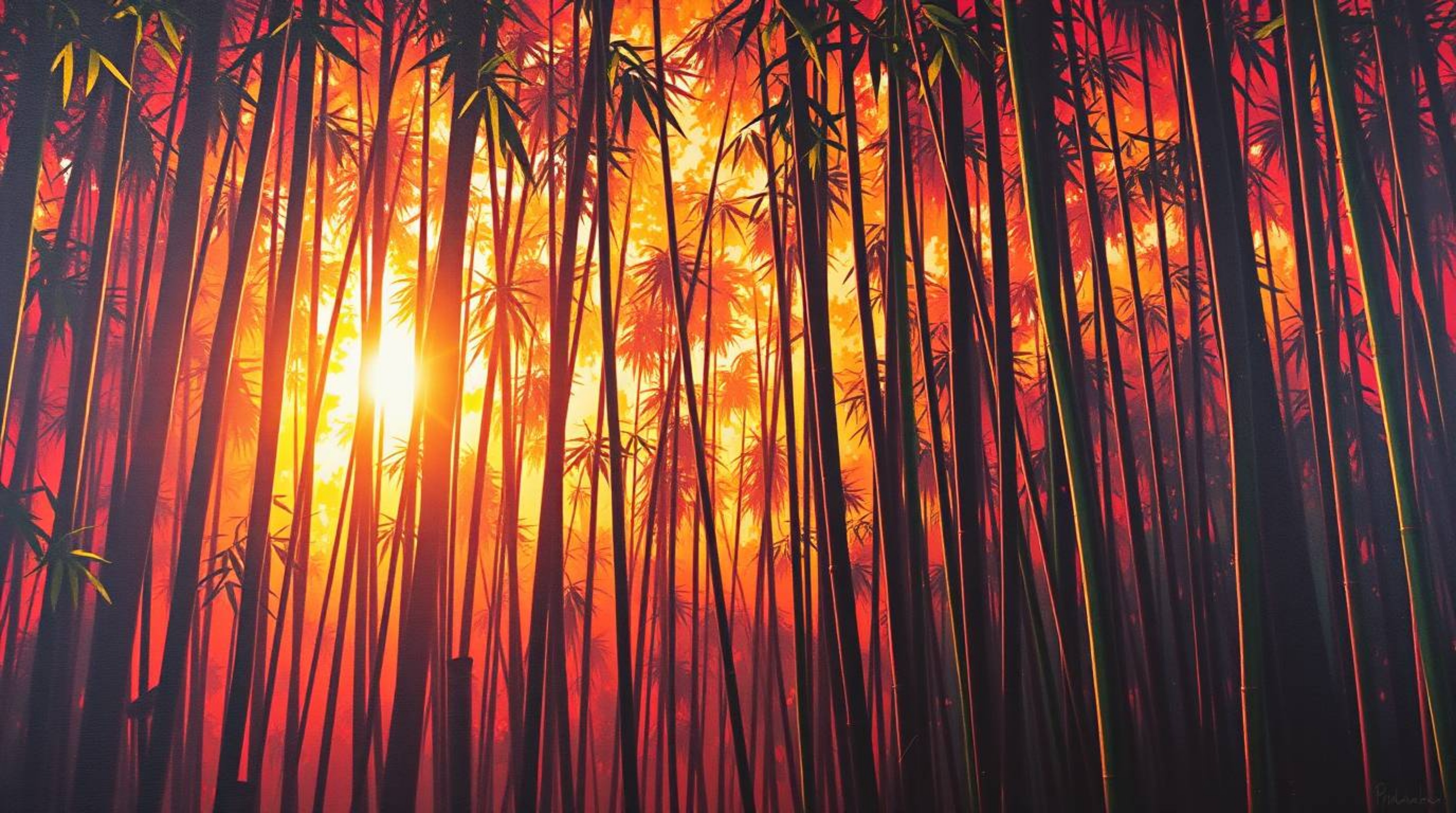 A bold acrylic painting capturing a bamboo forest bathed in the warm glow of sunset. This dramatic cinematic style employs vi
