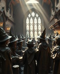 A stunning cast bronze sculpture rendering depicting a magical school teeming with young wizards. The artwork features gentle
