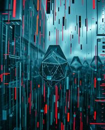 Explore a mesmerizing extreme macro close-up photograph revealing glitched geometric shapes swirling within a stormy cyberspa