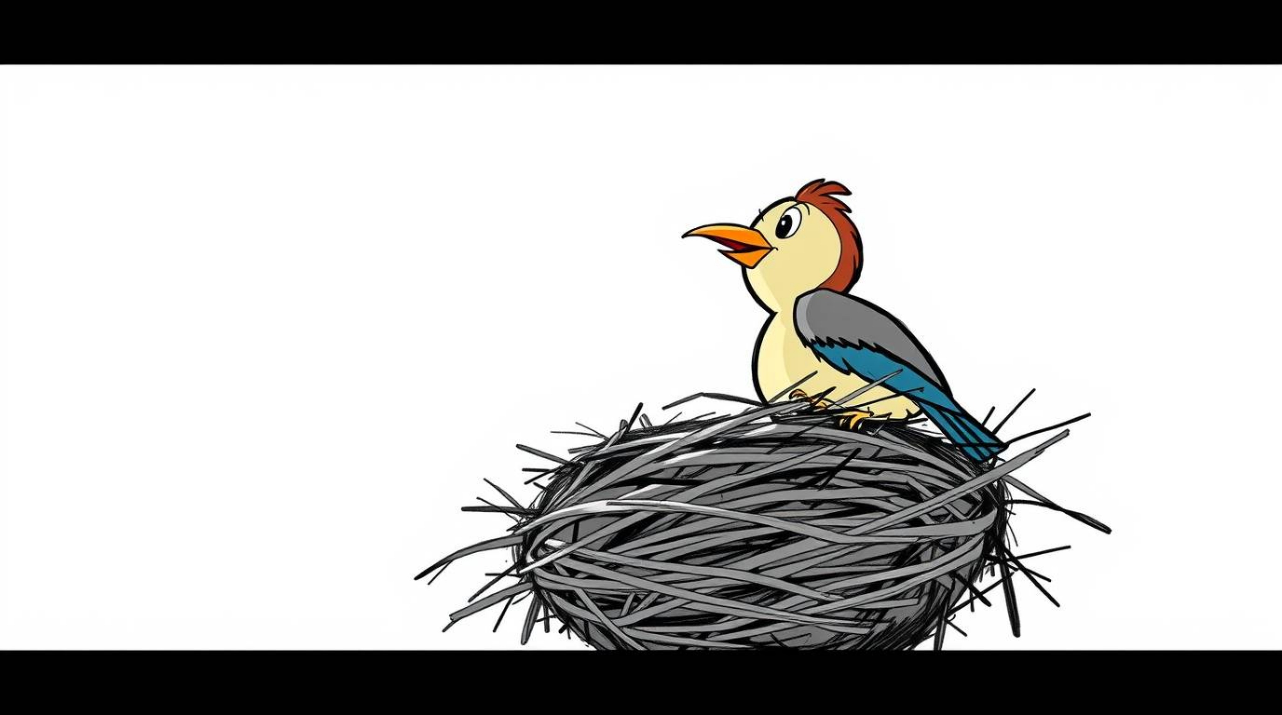 A low-angle, hand-drawn sketch depicts two cartoon birds diligently building a nest in a classic animation style. The image f