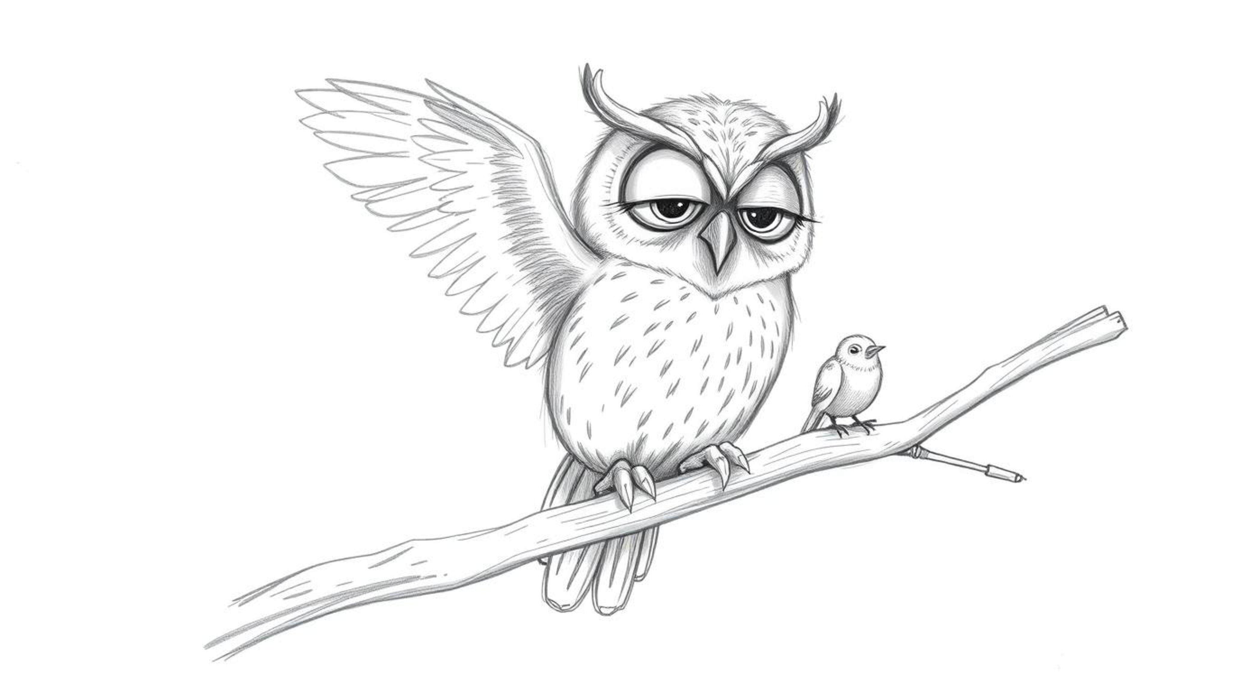 A charming hand-drawn sketch in Pixar style depicts a wise, blind owl with large, expressive eyes and soft feathers engaging 