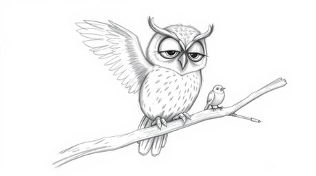 A charming hand-drawn sketch in Pixar style depicts a wise, blind owl with large, expressive eyes and soft feathers engaging 