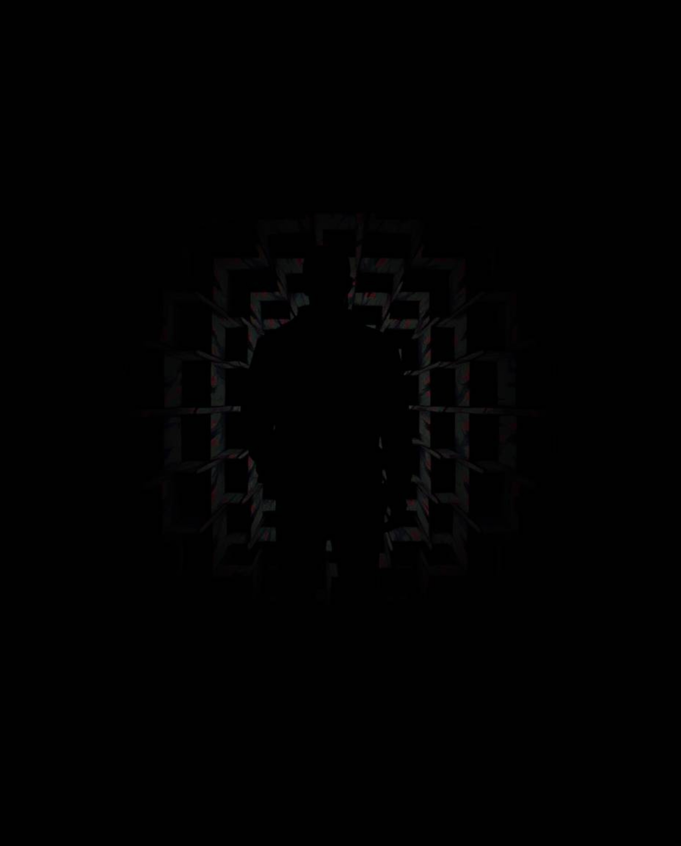 A striking image featuring a silhouetted figure set against an intense jet-black background, showcasing a repetitive cube pat