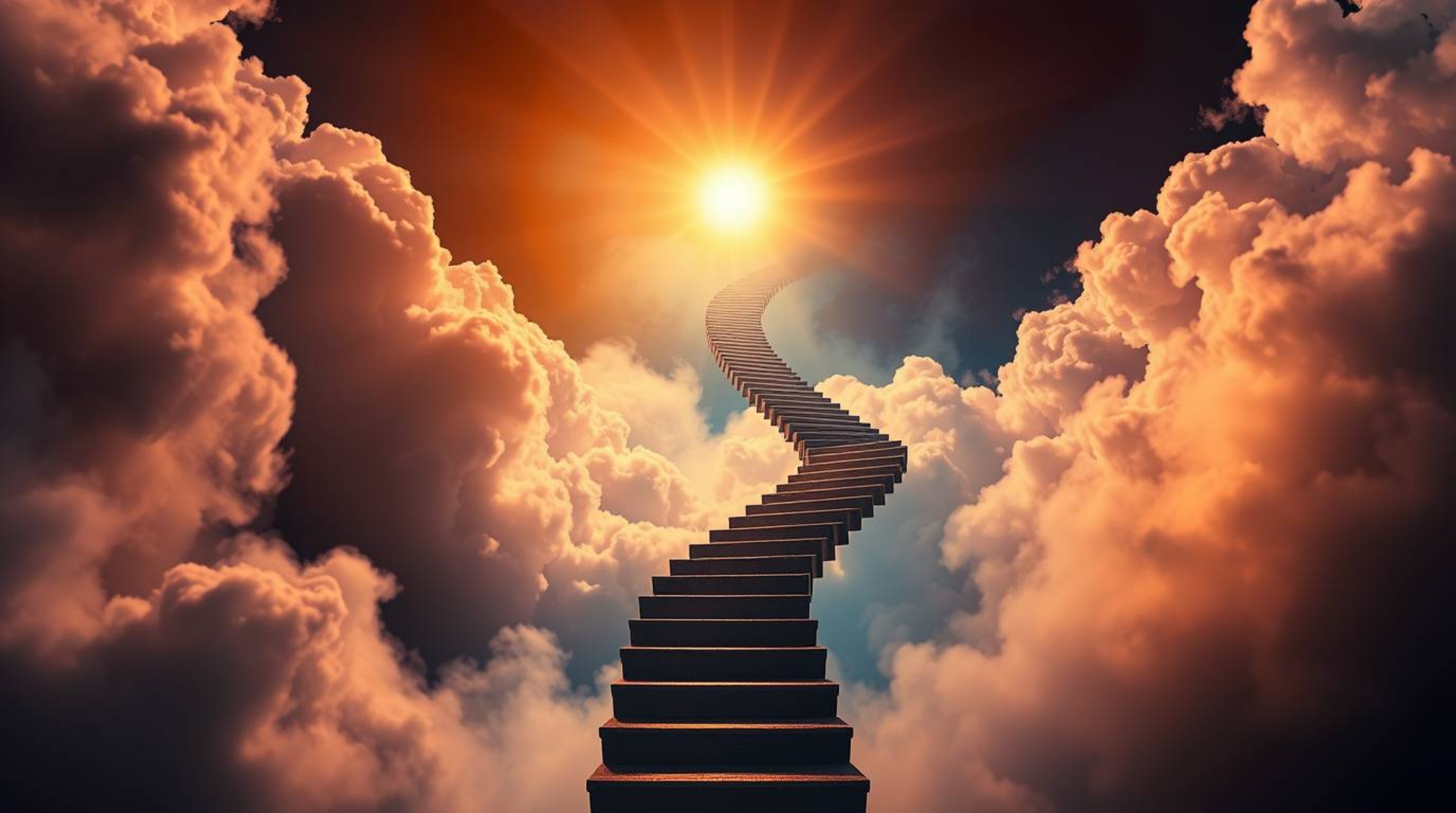 A mesmerizing high-resolution stock photo featuring a surreal stairway suspended in mid-air, winding through smoky clouds and