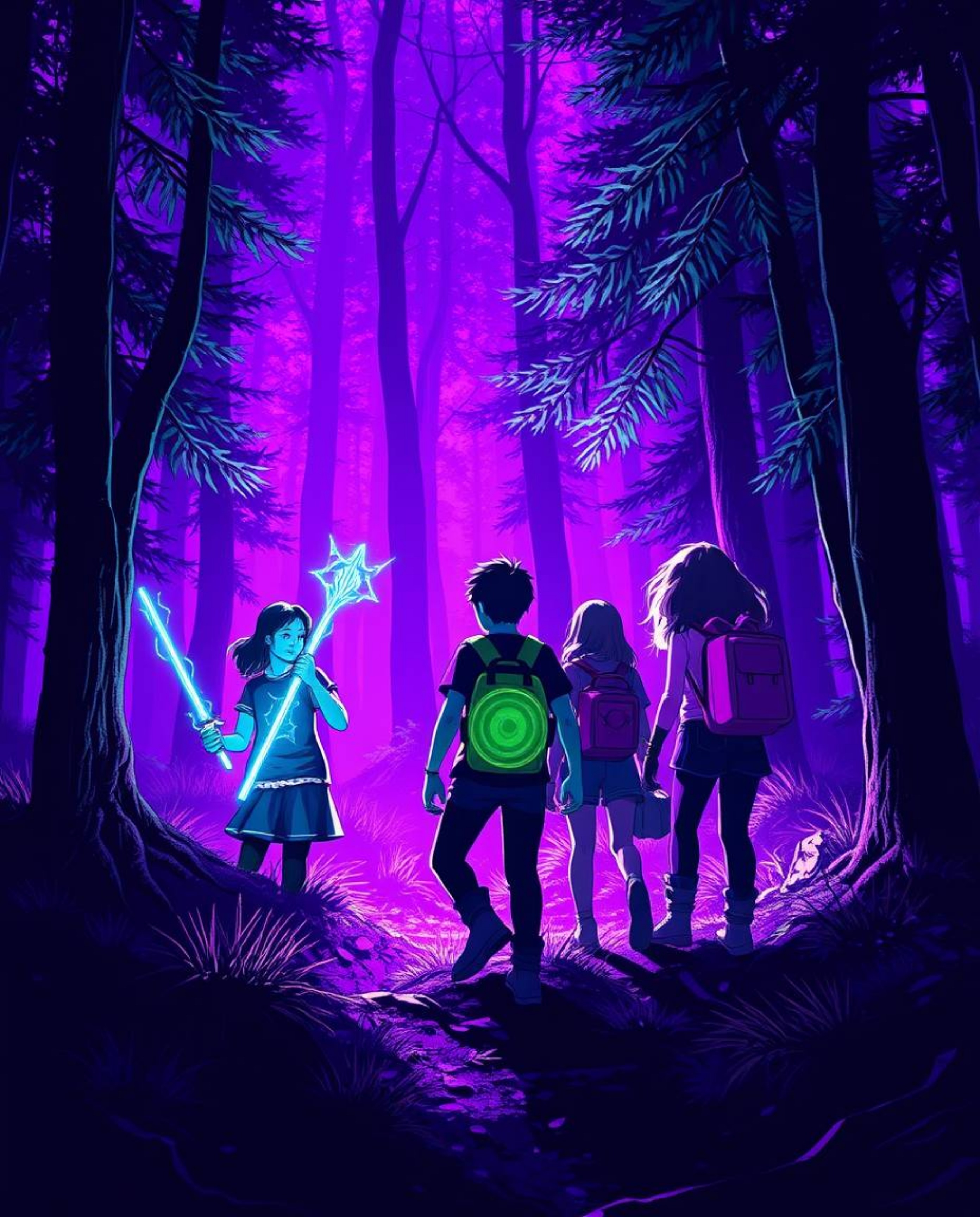 Discover a captivating high-contrast image depicting a group of friends possessing unique powers, embarking on an exciting ex
