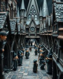 Explore an extreme macro close-up view of a magical school teeming with young wizards, brought to life with intricate archite