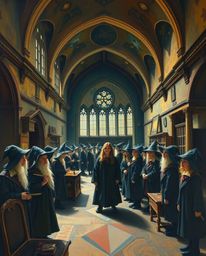 This classic oil painting captures a magical school teeming with young wizards, rendered from a captivating high-angle perspe