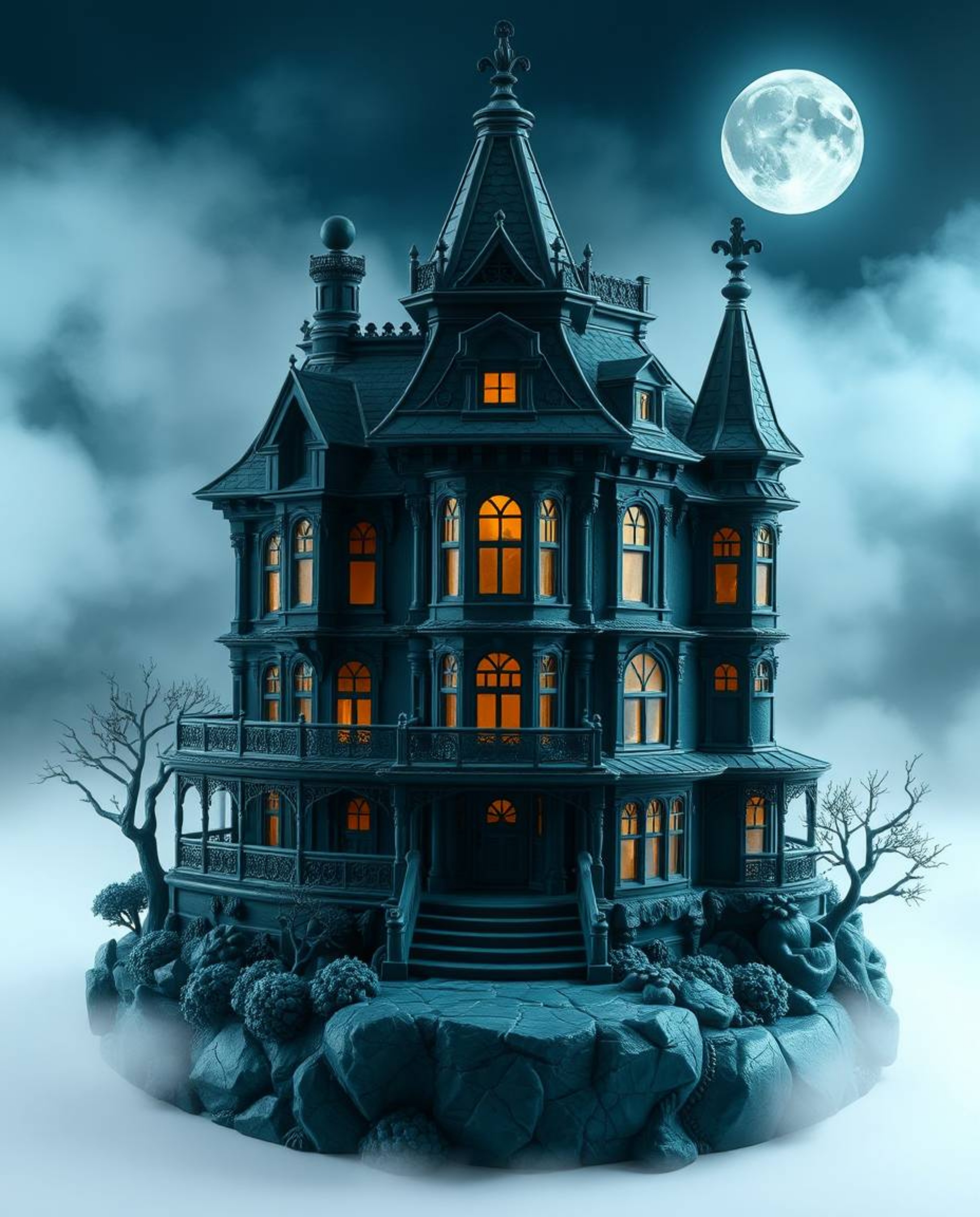 A mesmerizing clay sculpture depicting a fog-covered Victorian mansion bathed in moonlight.  Crafted from rich, deep teal cla