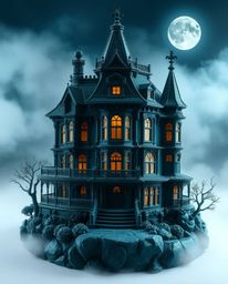 A mesmerizing clay sculpture depicting a fog-covered Victorian mansion bathed in moonlight.  Crafted from rich, deep teal cla