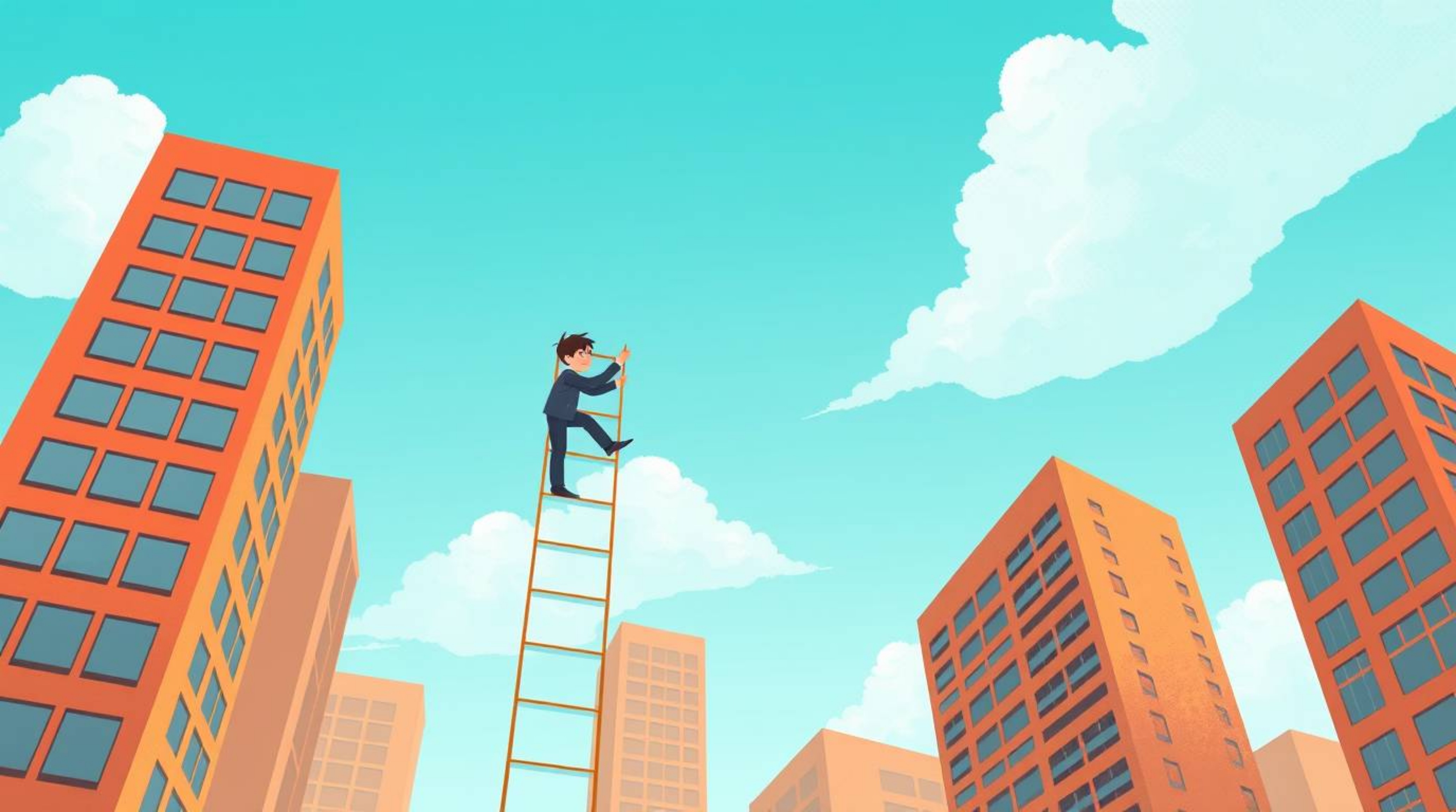 An adorable illustration featuring a businessperson climbing a transparent ladder vanishing into a blue sky above skyscrapers