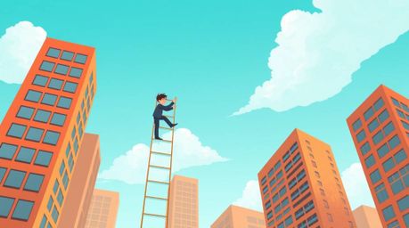 An adorable illustration featuring a businessperson climbing a transparent ladder vanishing into a blue sky above skyscrapers