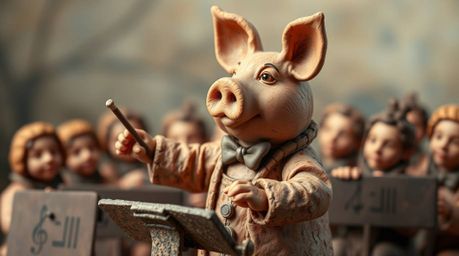 A charming clay sculpture depicts a pig conductor leading an orchestra, bathed in warm autumnal hues.  The textured surface a