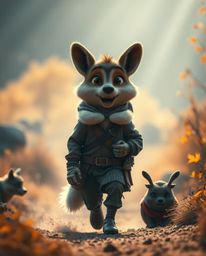 Embark on a captivating journey through a warm autumn landscape with a brave hero and their fluffy, bright-eyed talking anima