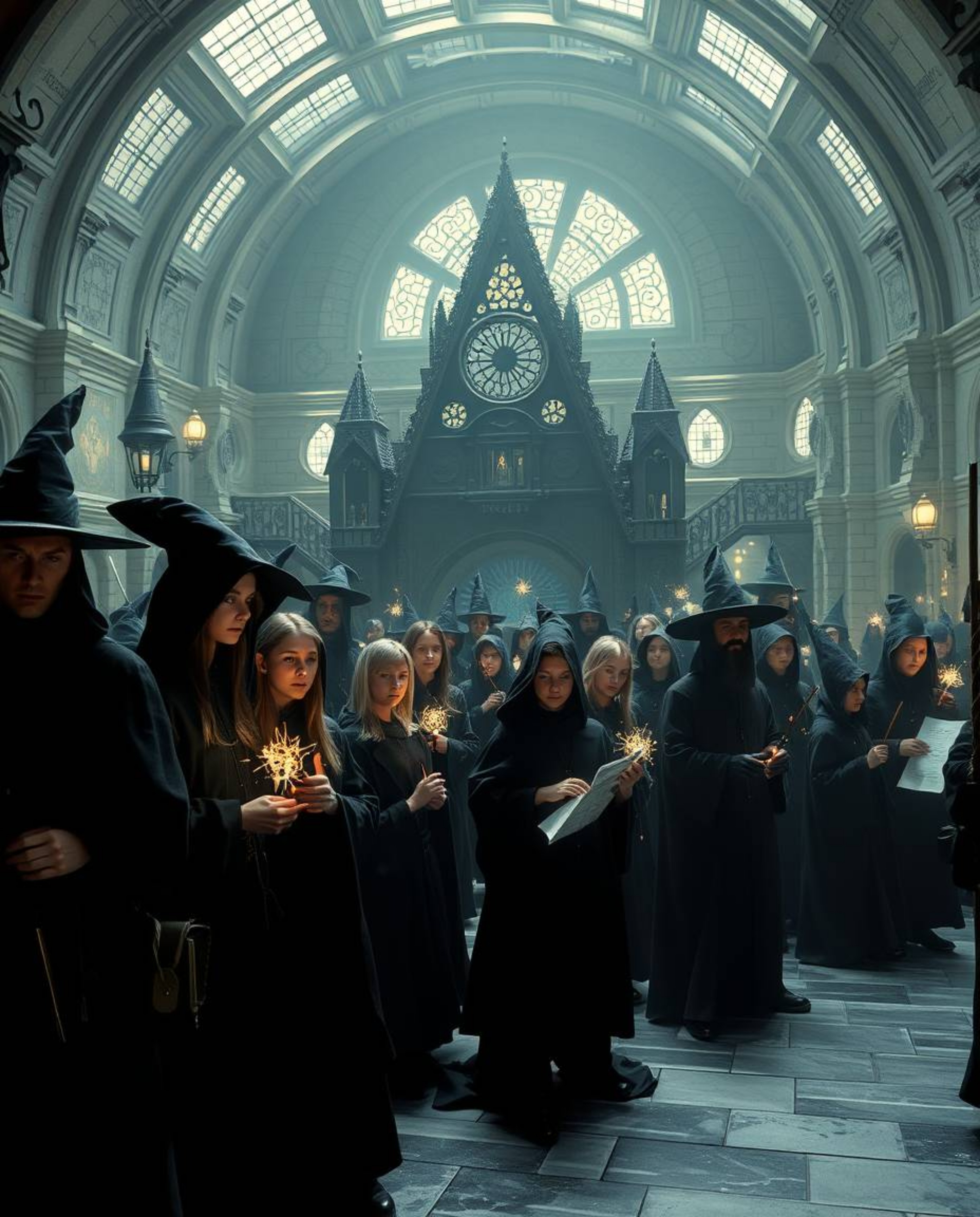 Discover a captivating futuristic wizarding school, rendered in intense jet-black sci-fi style.  Experience the blend of adva