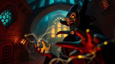 A classic Disney villain with dramatic features and dark skin is captured in a low angle perspective, casting a spell within 