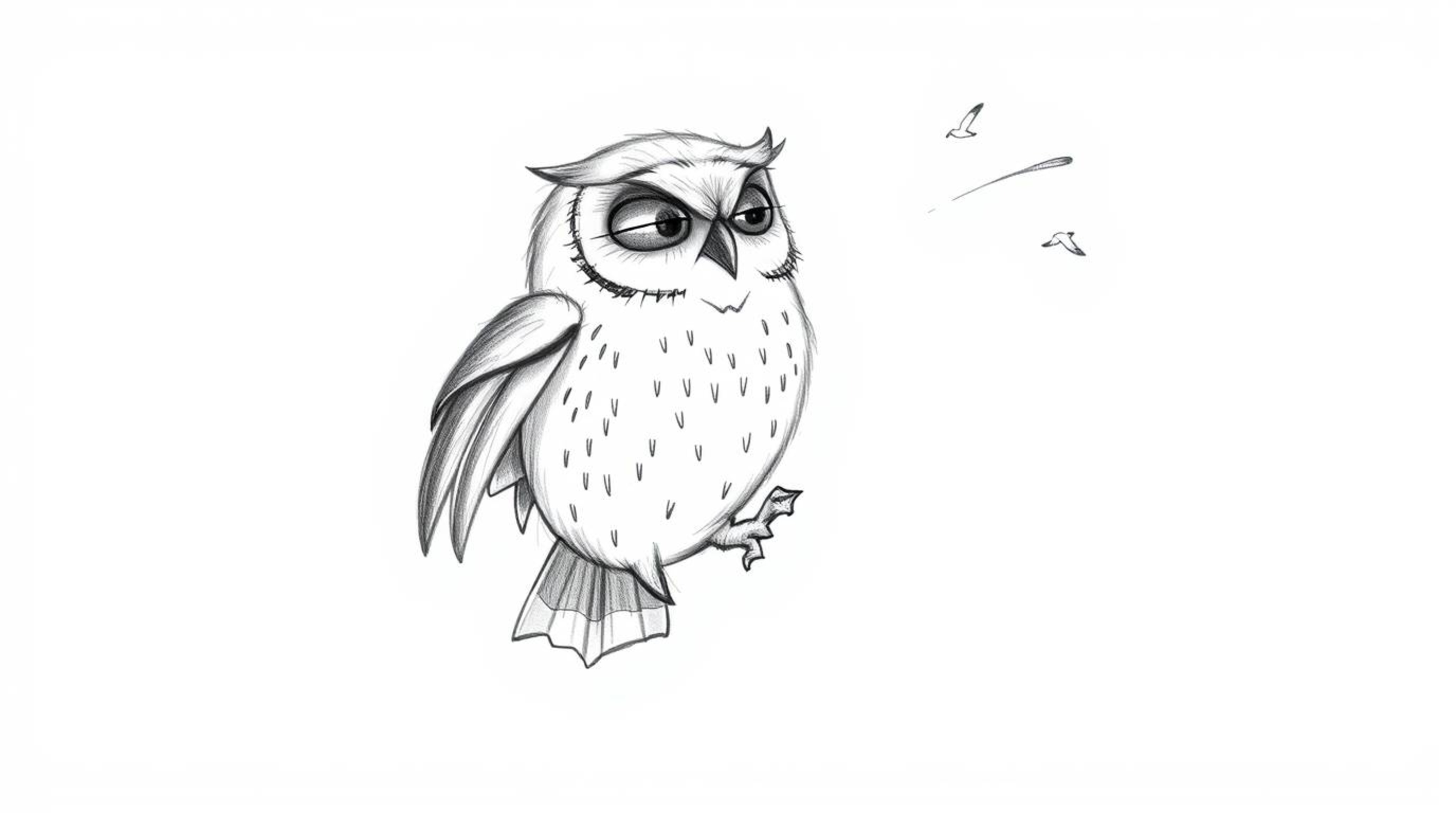 A heartwarming hand-drawn sketch in the style of Pixar depicts a blind owl patiently teaching birds to fly.  Soft pencil stro