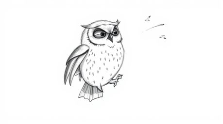 A heartwarming hand-drawn sketch in the style of Pixar depicts a blind owl patiently teaching birds to fly.  Soft pencil stro
