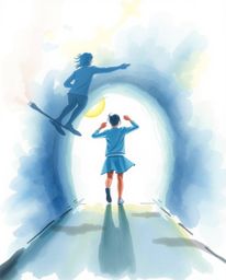 A captivating watercolor painting dynamically portrays a person standing at a tunnel's edge, their gaze fixed on the light at