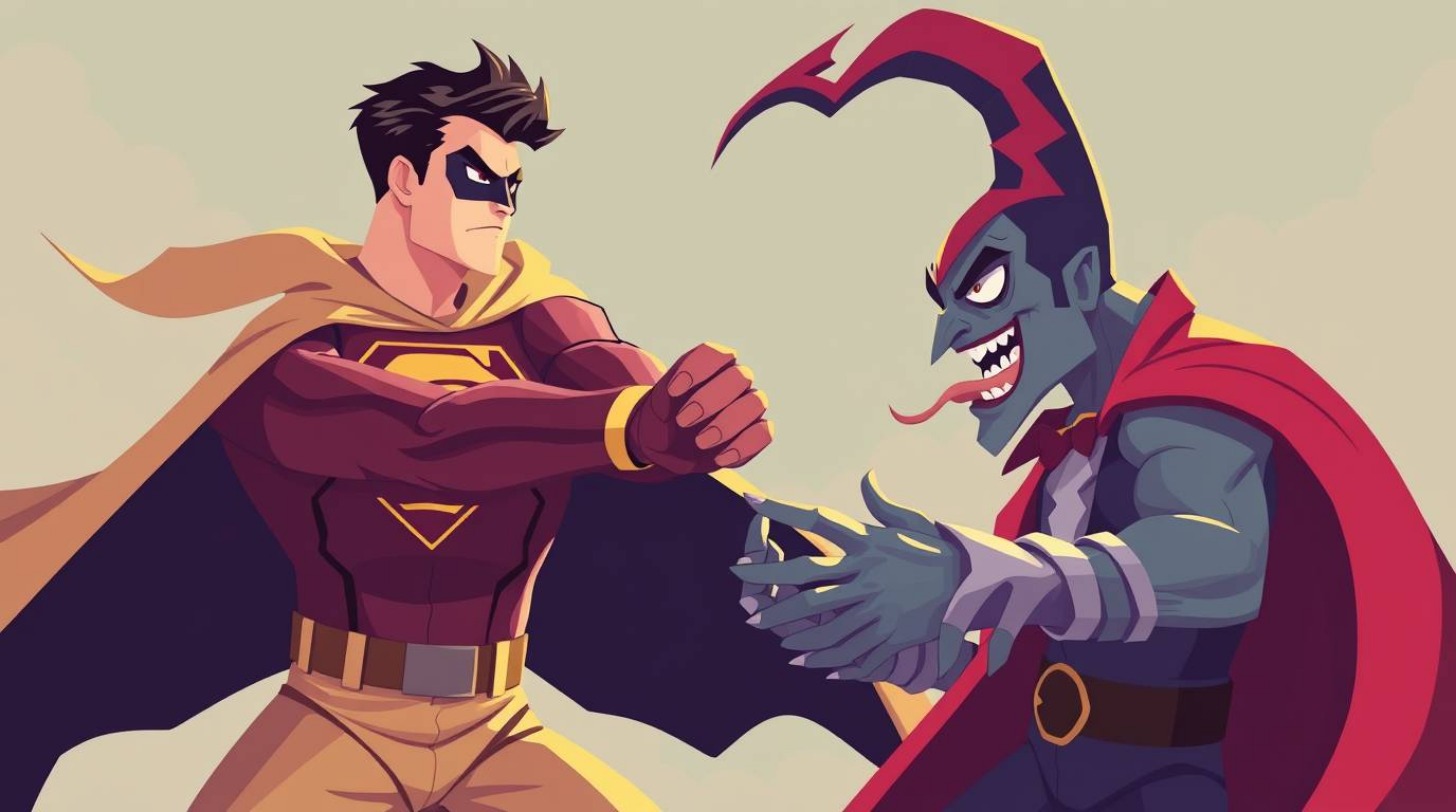 A refined superhero, adorned with a cape, gracefully battles a silly villain in a dynamic scene characterized by a vibrant an