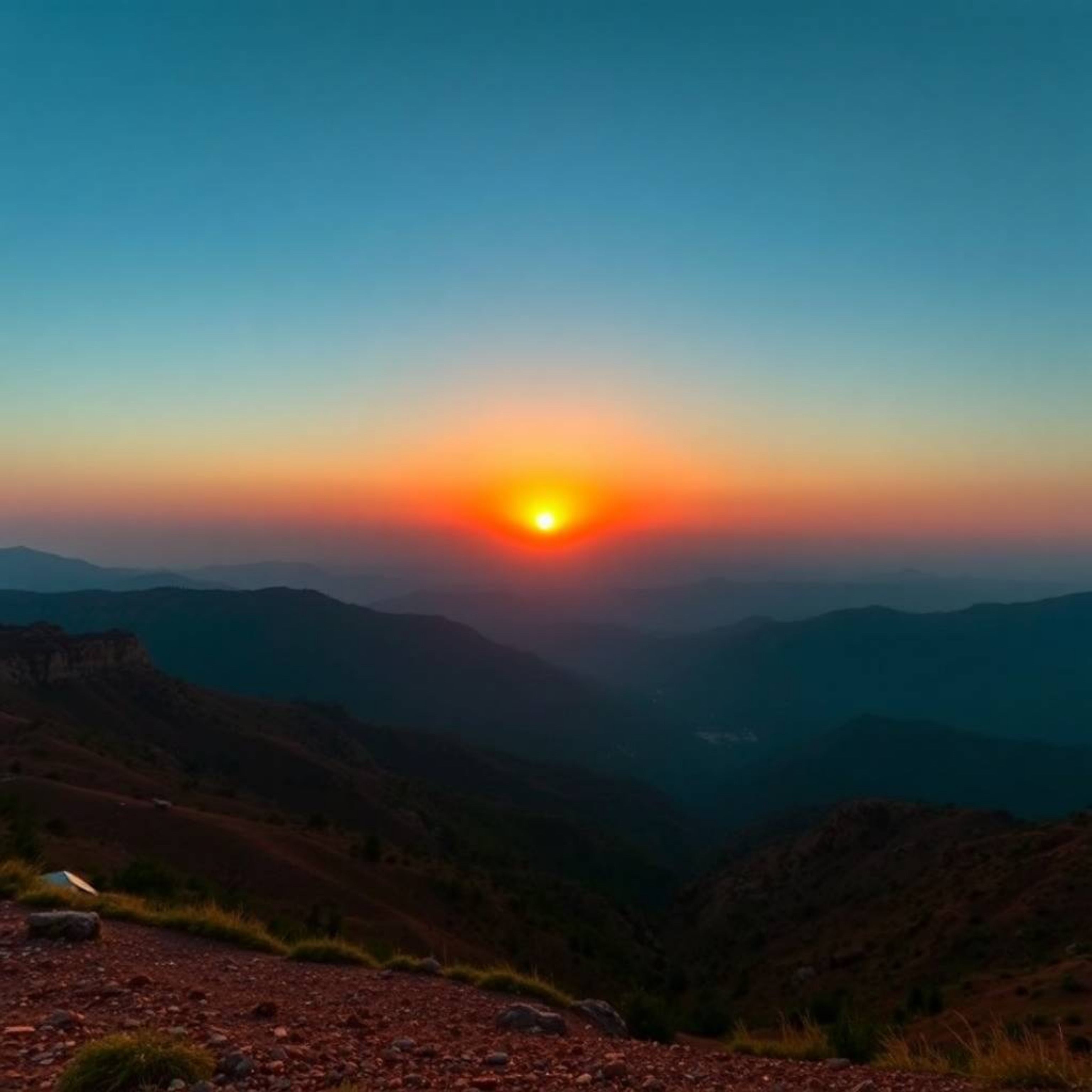 A breathtaking sunset over a quiet mountain valley paints a serene picture, highlighting a striking contrast between earthy, 
