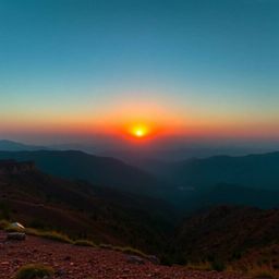 A breathtaking sunset over a quiet mountain valley paints a serene picture, highlighting a striking contrast between earthy, 